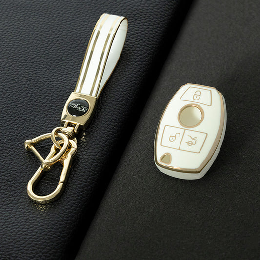 MEC1T1 White-Gold Plating Car Key Cover Premium Soft TPU Car Key Case Cover Shell for Mercedes Benz C260L C200L A180L GLC260 GLA E300l CLASS Key Rings Keychain Bag