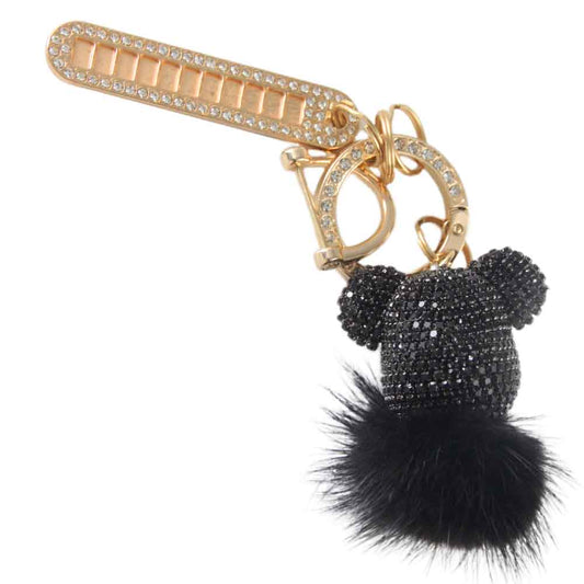Cartoon Teddy Bear Fluffy Fur Pompom Ball Glitter Crown Keychain Unique Ladies' Bag and Car Key Pendant with Rhinestones