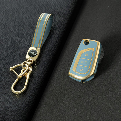 TOA1T1 Granny Grey-Gold Plating Car Key Cover Premium Soft TPU Car Key Case Cover Shell for Toyota COROLLA camry LEVIN REIZ highlander RAV4 Fold Key Rings Keychain Bag