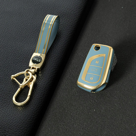 TOA1T1 Granny Grey-Gold Plating Car Key Cover Premium Soft TPU Car Key Case Cover Shell for Toyota COROLLA camry LEVIN REIZ highlander RAV4 Fold Key Rings Keychain Bag