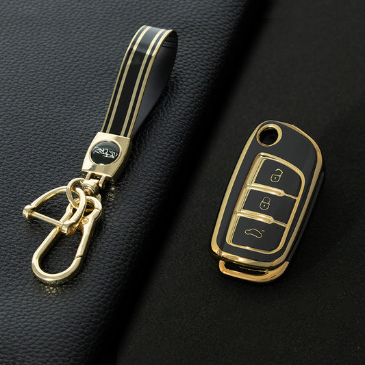 GED1T1 Black-Gold Plating Car Key Cover TPU Premium Soft Car Key Case Cover Shell for GEELY Emgrand X7 Sport GT EC Emgrand 7 LC2 GC2 Key Rings Keychain Bag Accessory