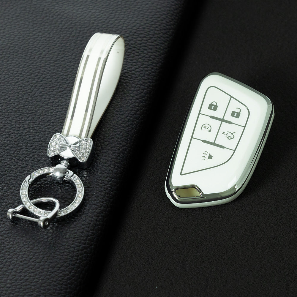 CAB1T1 White-Silver Plating TPU Premium Soft Car Key Case Cover Shell for Cadillac XT5 XT4 XT6 CT5 CT6 CT4 XTS ATSL SRX Key Ring Keychain Bag Accessory