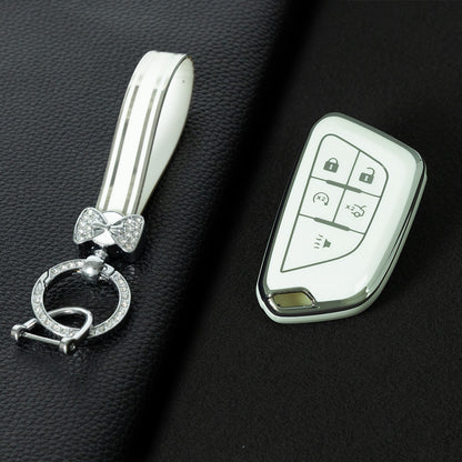 CAB1T1 White-Silver Plating TPU Premium Soft Car Key Case Cover Shell for Cadillac XT5 XT4 XT6 CT5 CT6 CT4 XTS ATSL SRX Key Ring Keychain Bag Accessory