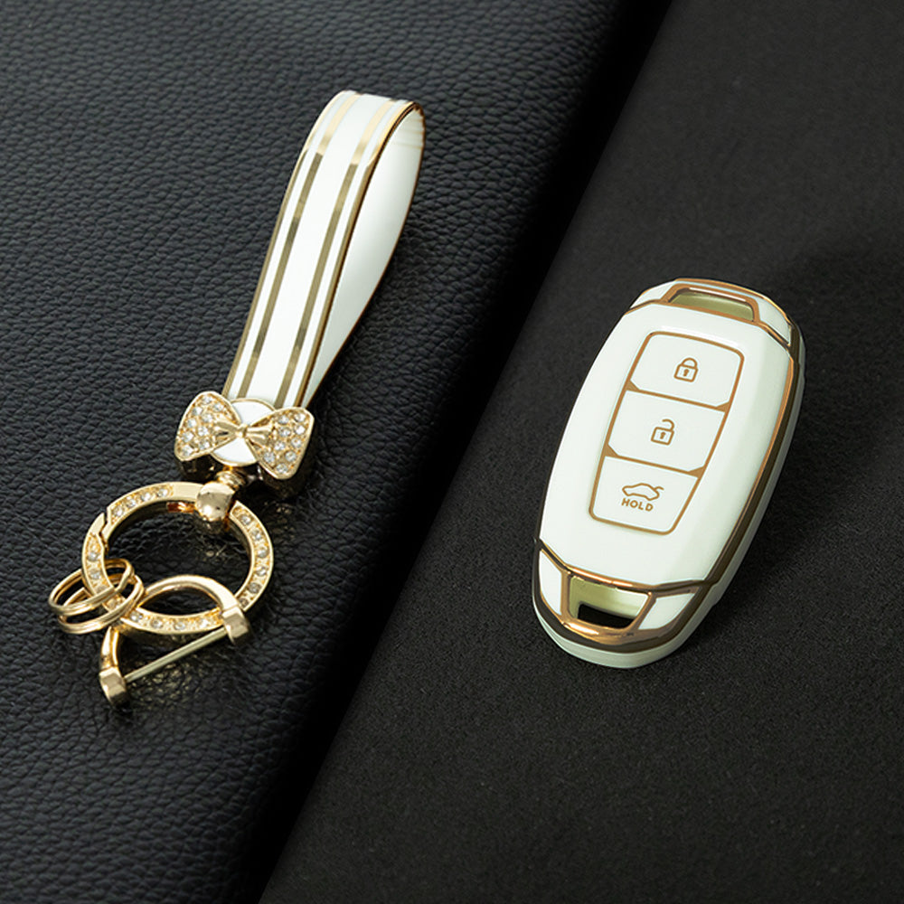 HYA1T1 White-Gold Plating Car Key Cover 3 Buottons TPU Car Key Case Cover Shell Fob Holder for Hyundai Palisade Limited Palisade Elantra Sel Elantra Santa Fe Veloster