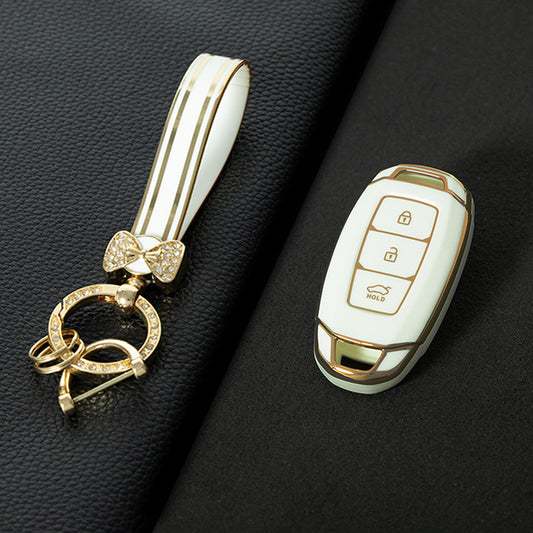 HYA1T1 White-Gold Plating Car Key Cover 3 Buottons TPU Car Key Case Cover Shell Fob Holder for Hyundai Palisade Limited Palisade Elantra Sel Elantra Santa Fe Veloster