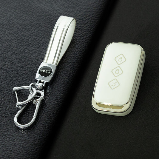 WUE1T1 White-Silver Plating Car Key Cover Premium Soft TPU Car Key Case Cover Shell for SGMW WULING Mitsubishi Starvinge XINGWANG Key Rings