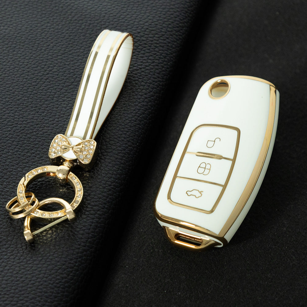 FOE1T1 White-Gold Plating Car Key Cover TPU Car Key Case Cover for Ford Fusion Mondeo Mustang F150 F250 F350 Explorer Edge 2015 2016 2017 2018 2019 Accessories