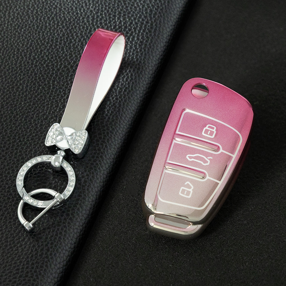 AUD1T1 Gradient Pink Car Key Cover For Audi Q3 Q7 Q5 TT Q2L A3 A1 Fold Key Rings Keychain Bag