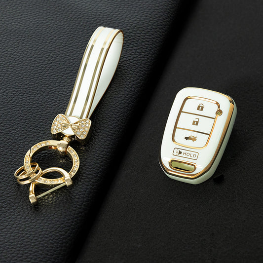 HOM3T1 White-Gold Plating Car Key Cover For Honda Smart Car Key Fob Cover Holder for Accord Civic Passport Pilot Odyssey Ridline HRV CRV-Key Accessories