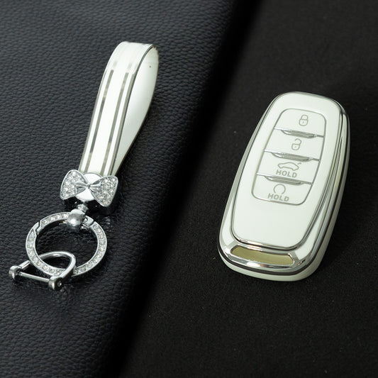 HNB1T1 White-Silver Plating Soft TPU Car Key Case Cover Shell for Hongqi BESTURN B50 B70 E-HS3 H5 H7 Saloon H9 HQ3 HS5 HS7 SHENGSHI Key Rings Keychain Bag
