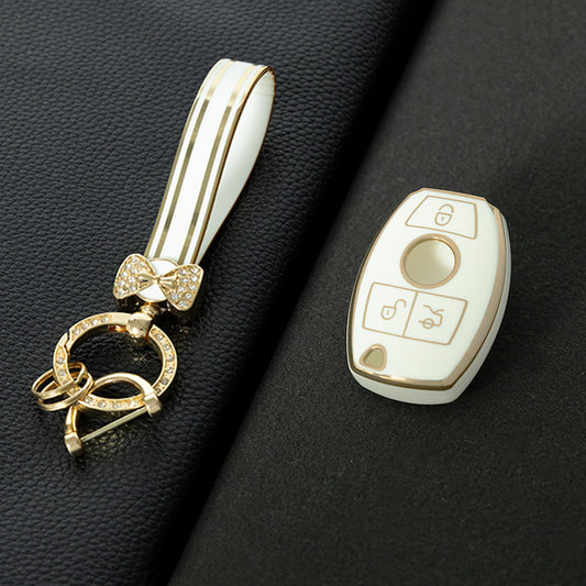 MEC1T1 White-Gold Plating Car Key Cover Premium Soft TPU Car Key Case Cover Shell for Mercedes Benz C260L C200L A180L GLC260 GLA E300l CLASS Key Rings Keychain Bag