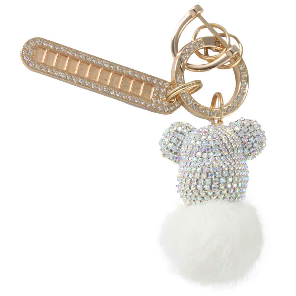 Cartoon Teddy Bear Fluffy Fur Pompom Ball Glitter Crown Keychain Unique Ladies' Bag and Car Key Pendant with Rhinestones