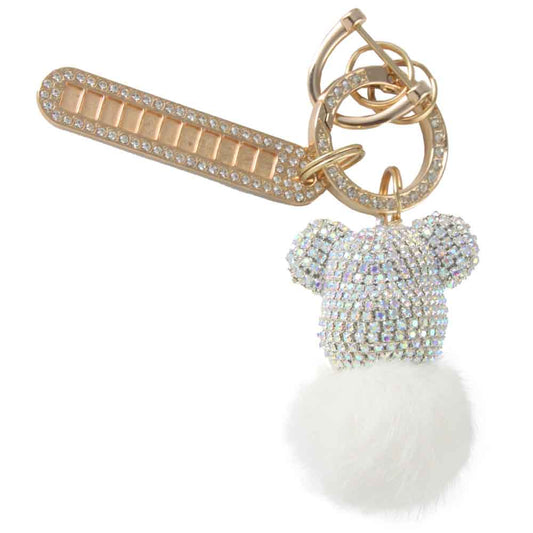 Cartoon Teddy Bear Fluffy Fur Pompom Ball Glitter Crown Keychain Unique Ladies' Bag and Car Key Pendant with Rhinestones