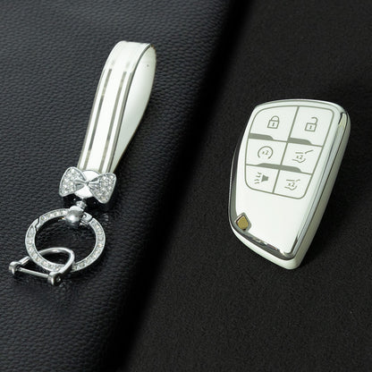 CEV4T1 White-Silver Plating 6-button Car Remote Key Case TPU Soft Key Fob Cover Smart Key Shell Holder Compatible with GMC Chevy Buick