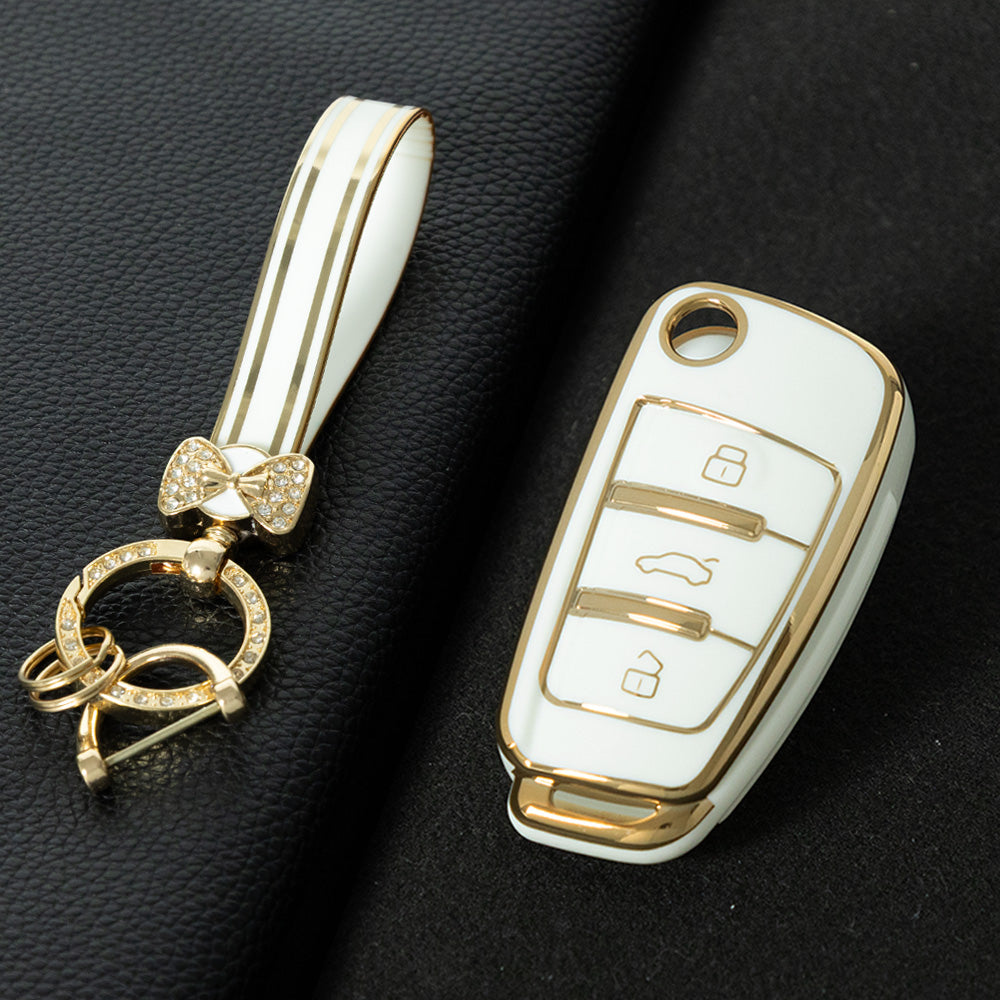 AUD1T1 White-Gold Plating Car Key Cover For Audi Q3 Q7 Q5 TT Q2L A3 A1 Fold Key Rings Keychain Bag