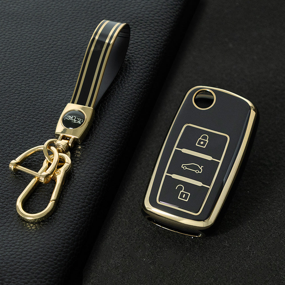 VOB1T1 Black-Gold Plating Car Key Cover For Volkswagen Sagitar PASSAT CC Polo Skoda Key Rings Keychain