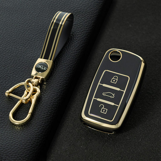 VOB1T1 Black-Gold Plating Car Key Cover For Volkswagen Sagitar PASSAT CC Polo Skoda Key Rings Keychain