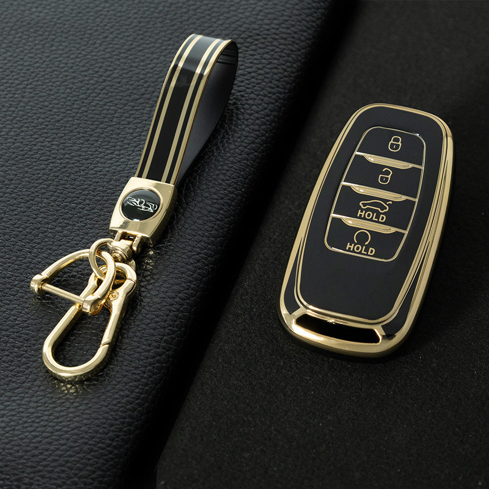 HNB1T1 Black-Gold Plating Soft TPU Car Key Case Cover Shell for Hongqi BESTURN B50 B70 E-HS3 H5 H7 Saloon H9 HQ3 HS5 HS7 SHENGSHI Key Rings Keychain Bag