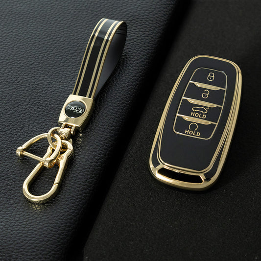 HNB1T1 Black-Gold Plating Soft TPU Car Key Case Cover Shell for Hongqi BESTURN B50 B70 E-HS3 H5 H7 Saloon H9 HQ3 HS5 HS7 SHENGSHI Key Rings Keychain Bag