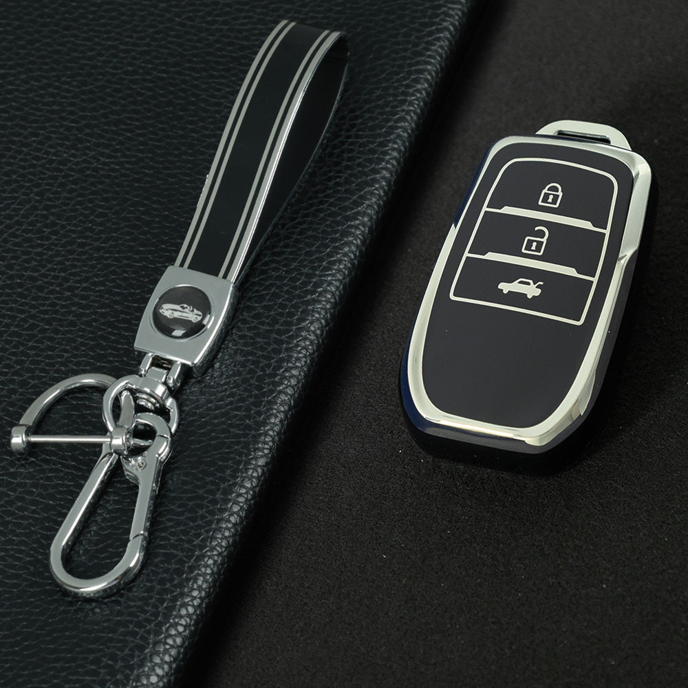 TOC1T1 Black-Silver Plating Car Key Cover For TPU Soft Car Key Fob Cover Smart Key Shell Case Protector Suitable for Toyota Corolla Camry Levin RAV4 Reiz