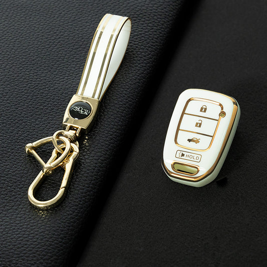HOM3T1 White-Gold Plating Car Key Cover For Honda Smart Car Key Fob Cover Holder for Accord Civic Passport Pilot Odyssey Ridline HRV CRV-Key Accessories