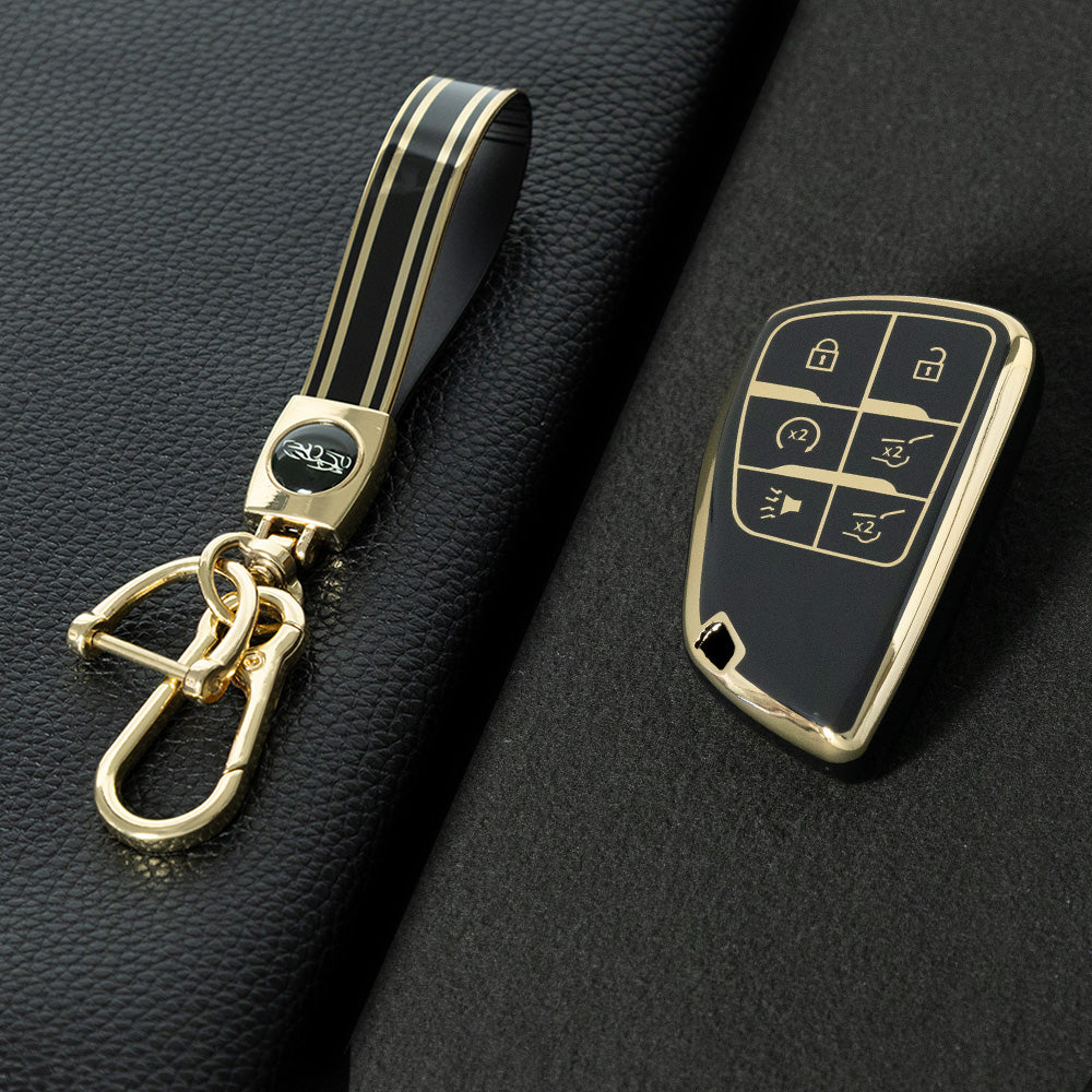 CEV4T1 Black-Gold Plating 6-button Car Remote Key Case TPU Soft Key Fob Cover Smart Key Shell Holder Compatible with GMC Chevy Buick