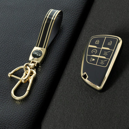 CEV4T1 Black-Gold Plating 6-button Car Remote Key Case TPU Soft Key Fob Cover Smart Key Shell Holder Compatible with GMC Chevy Buick