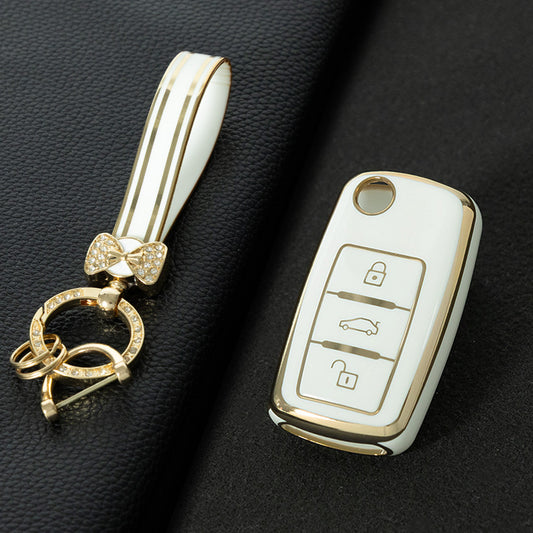 VOB1T1 White-Gold Plating Car Key Cover For Volkswagen Sagitar PASSAT CC Polo Skoda Key Rings Keychain