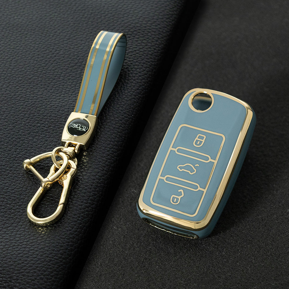 VOB1T1 Granny Grey-Gold Plating Car Key Cover For Volkswagen Sagitar PASSAT CC Polo Skoda Key Rings Keychain