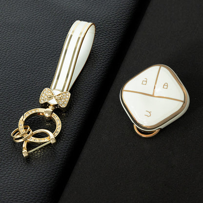 WUG2T1 White-Gold Plating Car Key Cover Soft TPU Car Key Case Cover Shell Sleeve for SGMW WULING Airev Baojun KiWiEV Bingguo SUNSHINE MINI EV Key Rings Keychain Bag