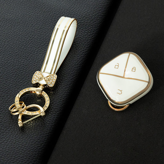 WUG2T1 White-Gold Plating Car Key Cover Soft TPU Car Key Case Cover Shell Sleeve for SGMW WULING Airev Baojun KiWiEV Bingguo SUNSHINE MINI EV Key Rings Keychain Bag