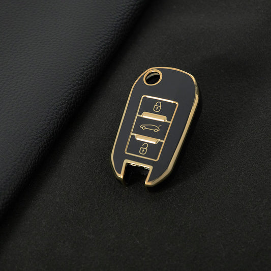 PUB1T1 Black-Gold Plating Car Key Cover TPU Car Key Case Cover with Keychain for Peugeot 408 508 2008 3008 4008 5008 Car Accessories Key Holder