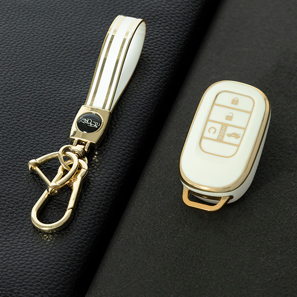 HOB1T1 White-Gold Plating Car Key Cover For Honda Civic Accord HR-V CR-V CRV 2021 2022 2023 5Buttons Auto Shell Fob Holder TPU Car Key Case Cover Keychain Accessories