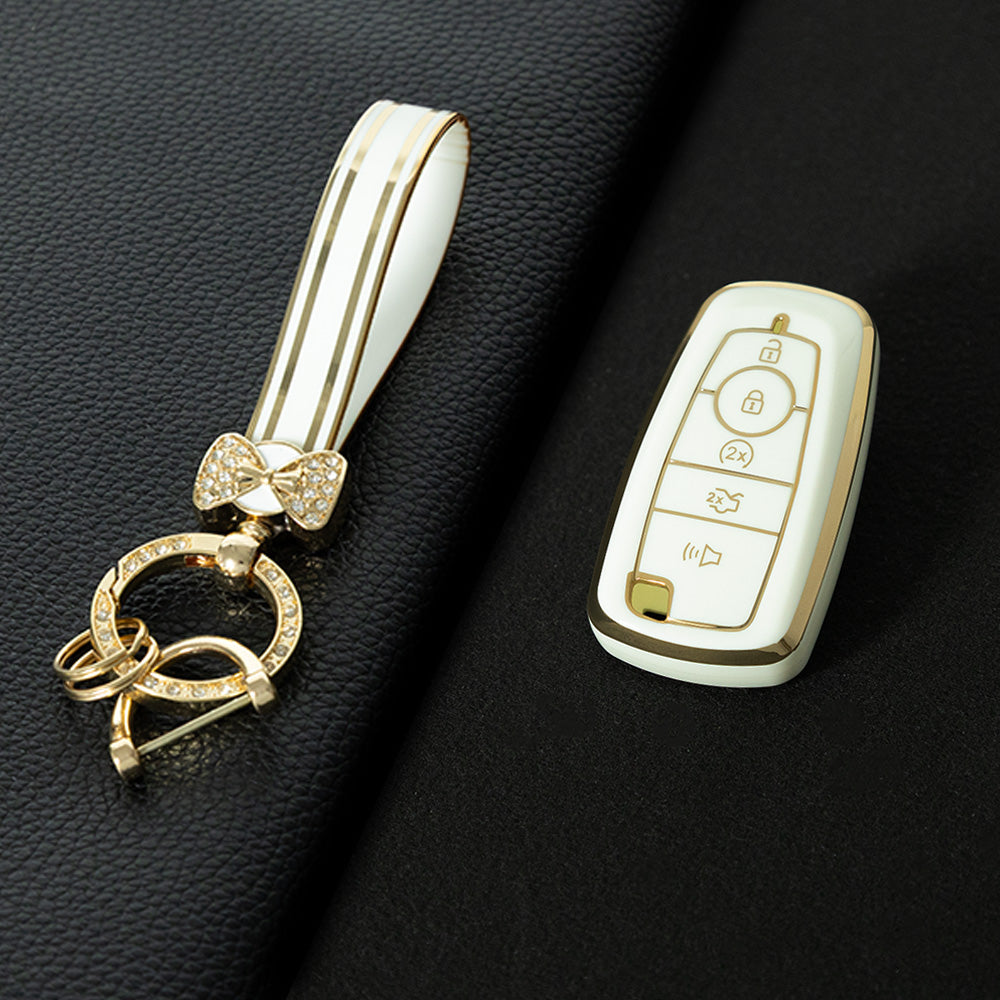 FOB4T1 White-Gold Plating Car Key Cover Car Key Case Cover for Ford Fiesta Mk8 MK3 MK7 Puma Focus 2 3 MK3 Mk4 Mondeo Mk5 Mk4 Explorer Ecosport Kuga C MAX Bronco Mustang