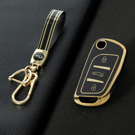 PUA1T1 Black-Gold Plating Car Key Cover TPU Car Flip Key Case Cover Fob for Citroen C1 C2 C3 C4 C5 XSARA PICA for Peugeot 306 407 807 for DS DS3 DS4 DS5 DS6 Accessories
