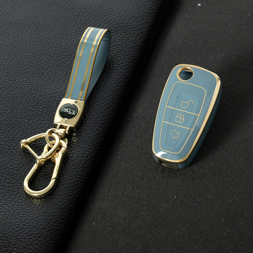 FOD1T1 Granny Grey-Gold Plating Car Key Cover TPU Car Folding Key Case Cover Bag Keychain for Ford Focus C-Max S-Max Galaxy Mondeo Ranger Transit Tourneo Custom