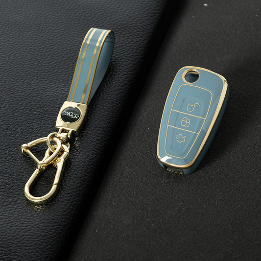 FOD1T1 Granny Grey-Gold Plating Car Key Cover TPU Car Folding Key Case Cover Bag Keychain for Ford Focus C-Max S-Max Galaxy Mondeo Ranger Transit Tourneo Custom
