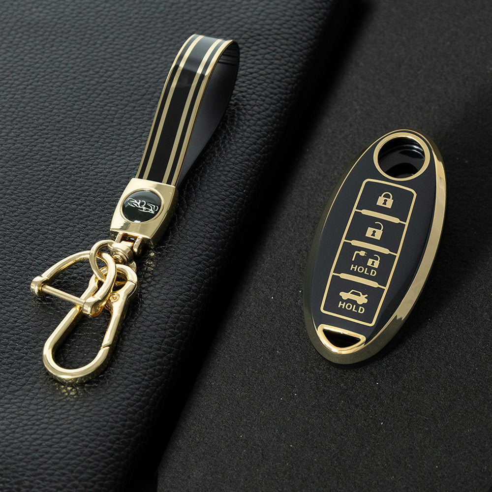 NIB9T1 Black-Gold Plating TPU Car Key Case Cover for Nissan Note Qashqai Pathfinder Rogue Versa Infiniti Q50 Kia