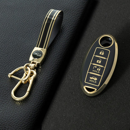NIB9T1 Black-Gold Plating TPU Car Key Case Cover for Nissan Note Qashqai Pathfinder Rogue Versa Infiniti Q50 Kia