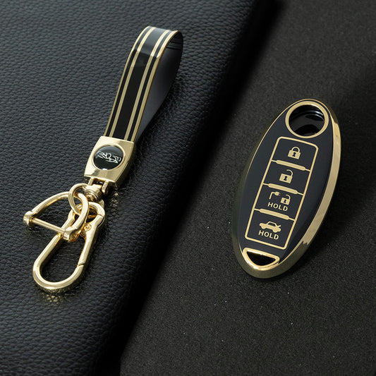 NIB9T1 Black-Gold Plating TPU Car Key Case Cover for Nissan Note Qashqai Pathfinder Rogue Versa Infiniti Q50 Kia
