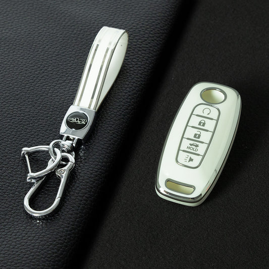 NIA3T1 White-Silver Plating TPU Car Key Cover Soft Key Shell Fob Holder Suitable for Nissan Sylphy Bluebird Teana X-Trail Murano GTR