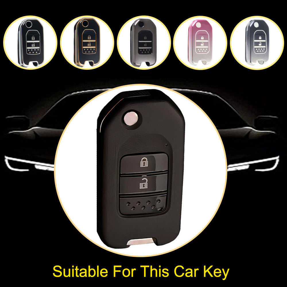HOC2T1 Black-Silver Plating Car Key Cover For Honda Accord Civic CR-V HR-V HRV Crider Jade Odyssey Car TPU Folding Key Cover Bag Case Shell Holder Protector 2 Buttons