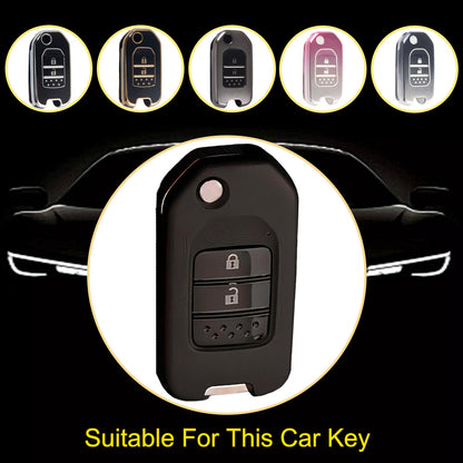 HOC2T1 Black-Silver Plating Car Key Cover For Honda Accord Civic CR-V HR-V HRV Crider Jade Odyssey Car TPU Folding Key Cover Bag Case Shell Holder Protector 2 Buttons