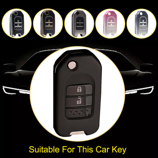 HOC2T1 Black-Silver Plating Car Key Cover For Honda Accord Civic CR-V HR-V HRV Crider Jade Odyssey Car TPU Folding Key Cover Bag Case Shell Holder Protector 2 Buttons