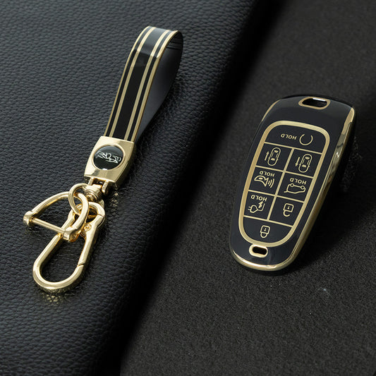 HYE5T1 Black-Gold Plating TPU Car Key Case Cover for Hyundai Tucson 2022 Santa Fe NEXO NX4 Atos Prime Solaris