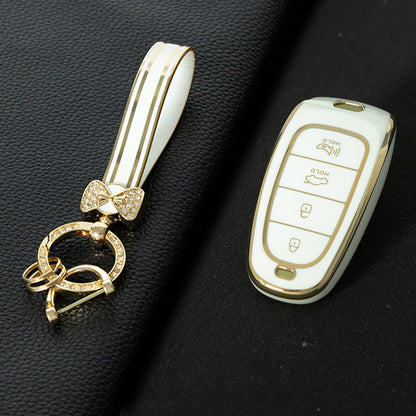 HYE7T1 White-Gold Plating TPU Car Key Case Cover for Hyundai Santa Fe Tucson 2022 NEXO NX4 Atos Prime Solaris 2021