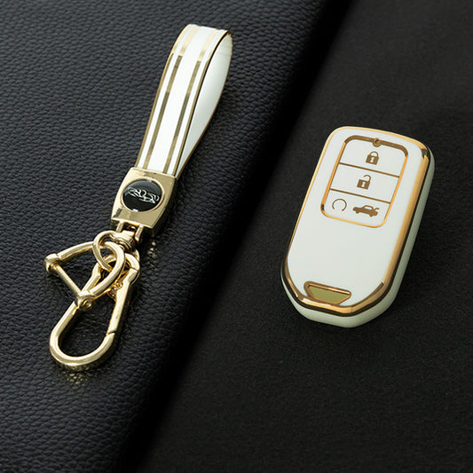 HOA8T1 White-Gold Plating Car Key Cover New Soft TPU Car Remote Key Case Cover Shell Fob for Honda Civic Vezel City Jade Pilot Jazz BRV XRV HRV Fit Odyssey Accessories