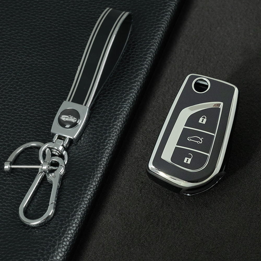 TOA1T1 Black-Silver Plating Car Key Cover Premium Soft TPU Car Key Case Cover Shell for Toyota COROLLA camry LEVIN REIZ highlander RAV4 Fold Key Rings Keychain Bag