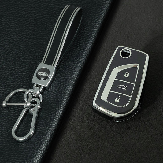 TOA1T1 Black-Silver Plating Car Key Cover Premium Soft TPU Car Key Case Cover Shell for Toyota COROLLA camry LEVIN REIZ highlander RAV4 Fold Key Rings Keychain Bag