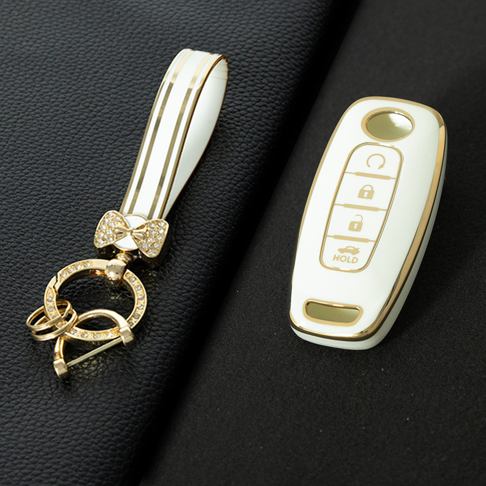 NIA7T1 White-Gold Plating TPU Car Key Cover Fob Holder Suitable for Nissan Sylphy Bluebird Teana X-Trail Murano GTR